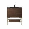 James Martin Vanities 31.5'' Single Vanity, Mid-Century Wlnt, Champagne Brass Base w/ Charcoal Black Composite Stone Top 805-V31.5-W-CB-CH